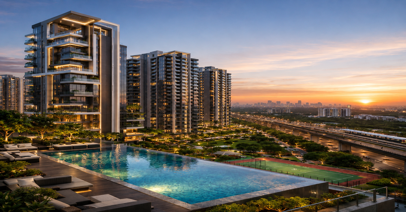 Residential complex architectural concept rendering